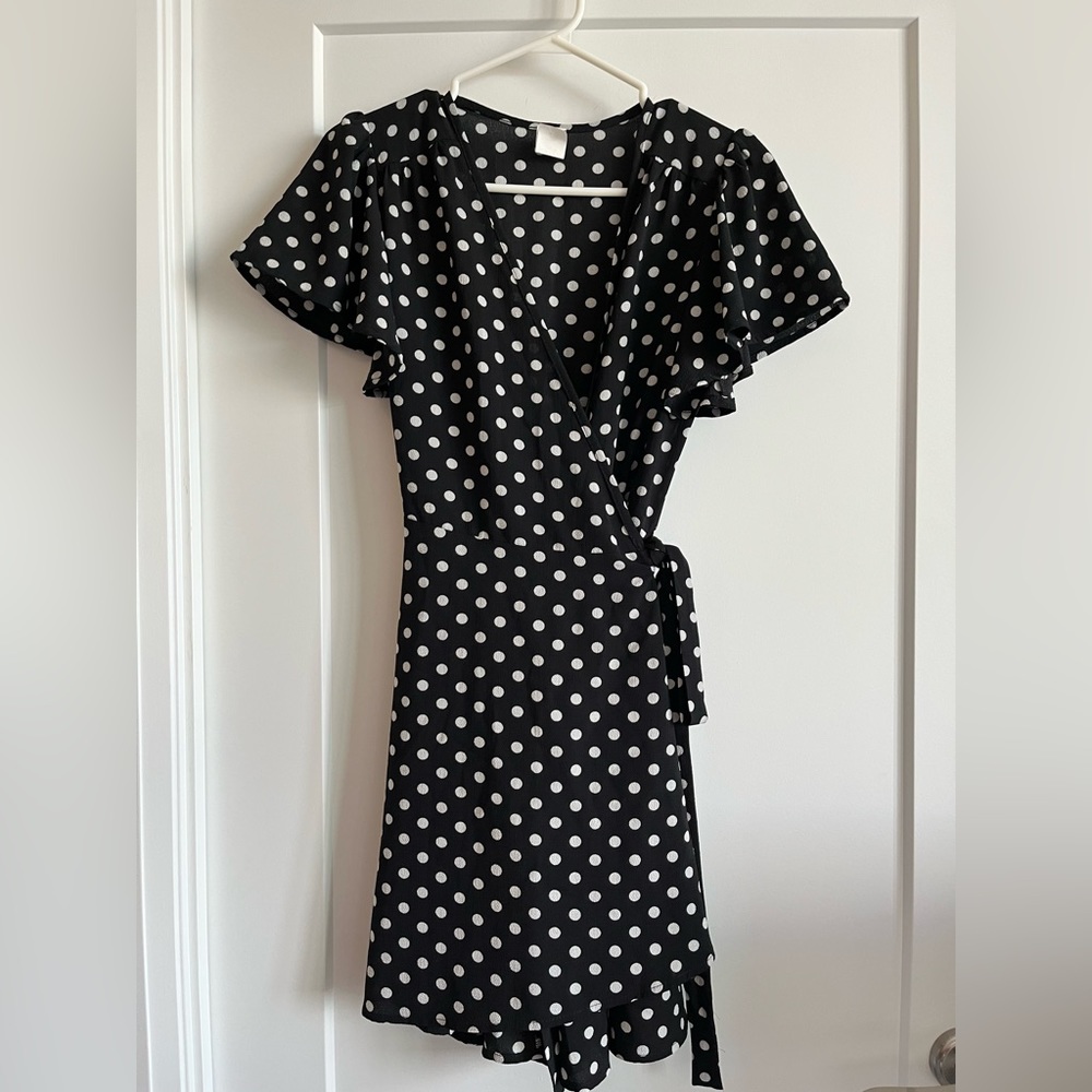 Black polka dot wrap dress